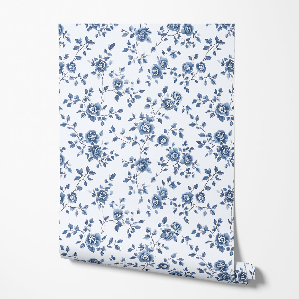 Blue Toile Floral Wallpaper