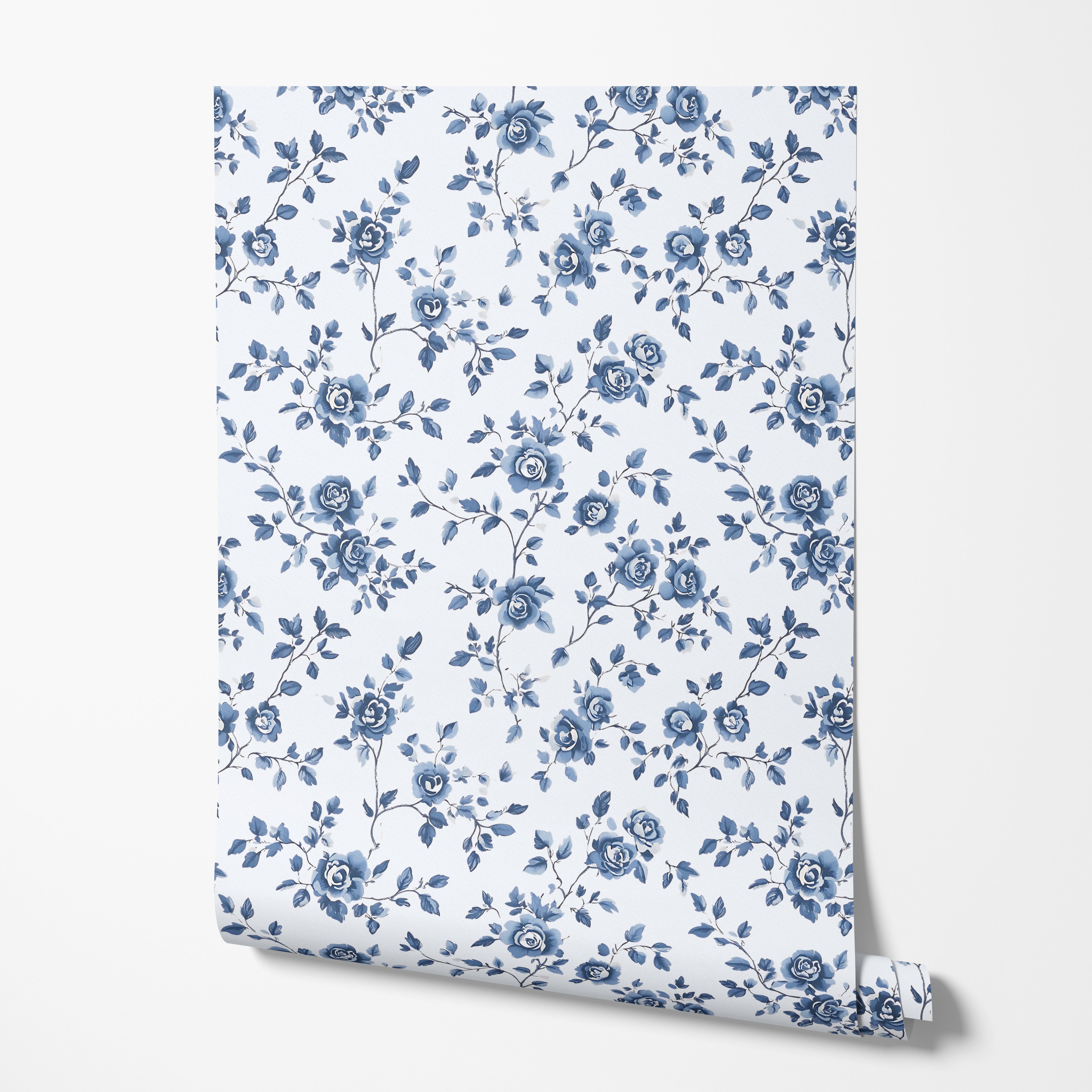 Blue Toile Floral Wallpaper