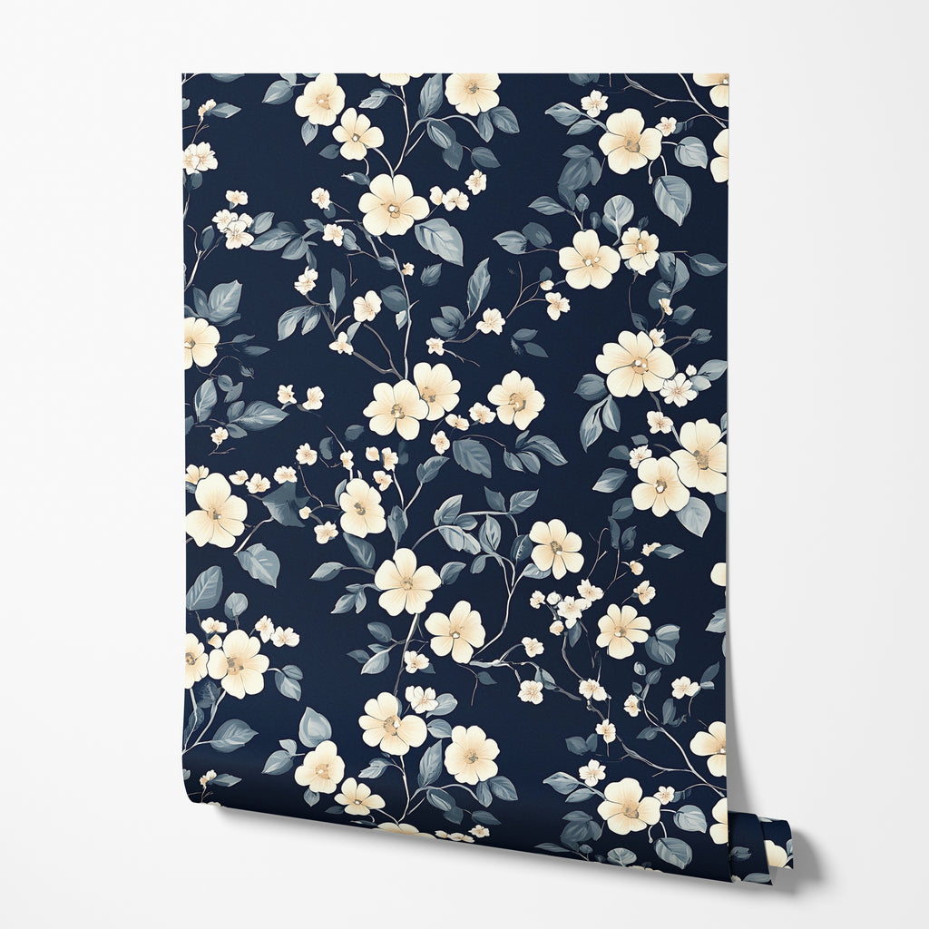 Navy Floral Vine Wallpaper