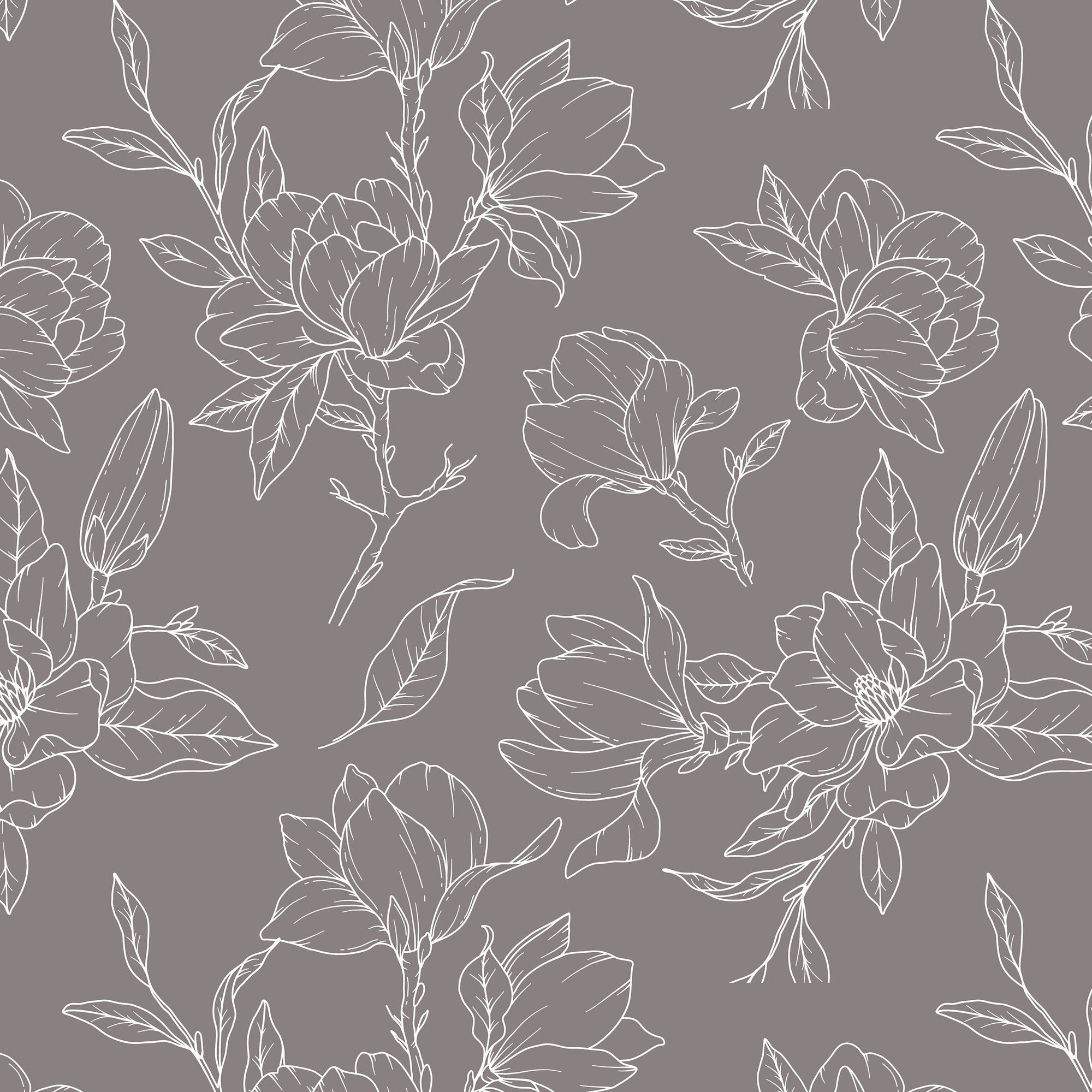 Taupe with White Magnolia Floral Wallpaper