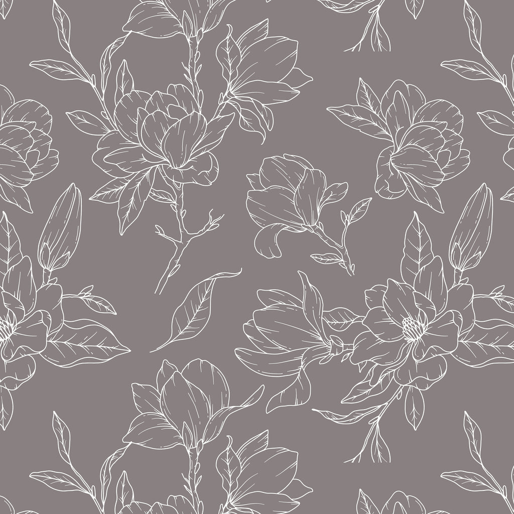 Taupe with White Magnolia Floral Wallpaper