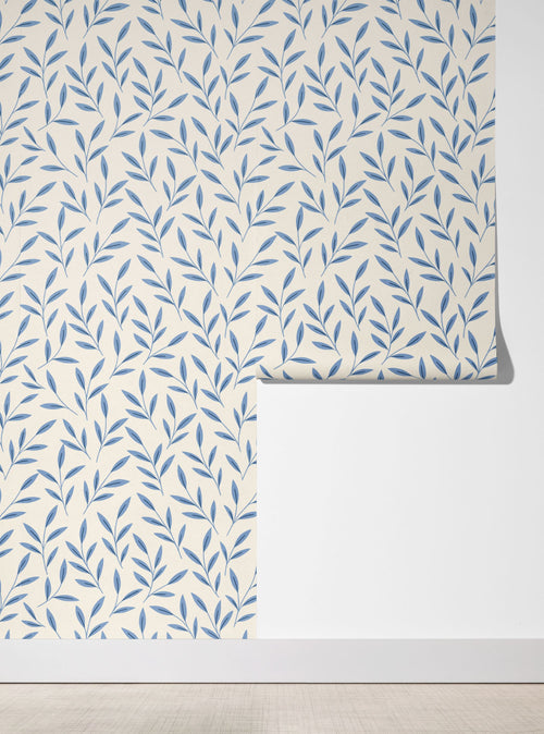Blue Floral Leaf Wallpaper