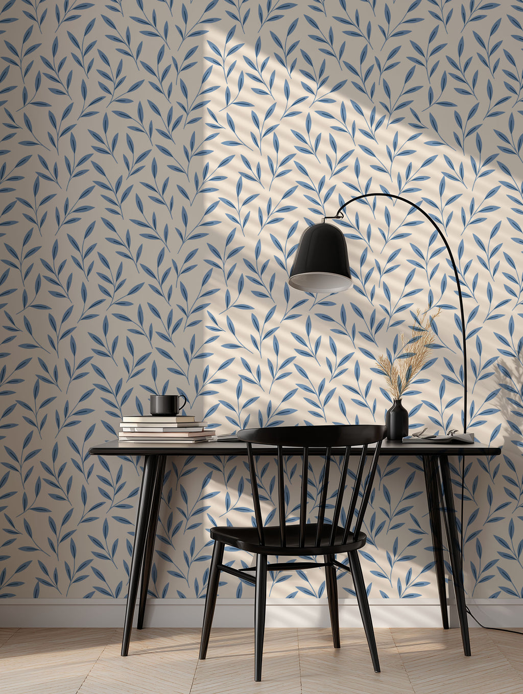 Blue Floral Leaf Wallpaper