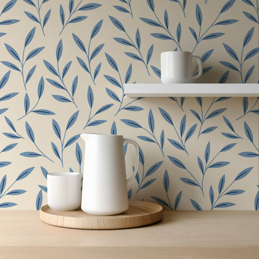 Blue Floral Leaf Wallpaper