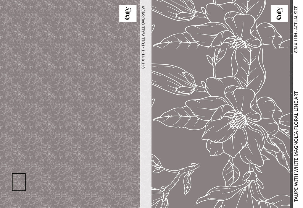 Taupe with White Magnolia Floral Wallpaper