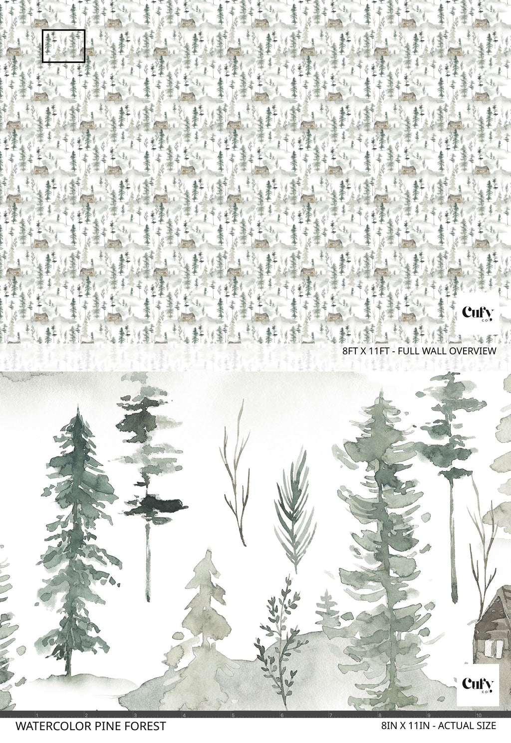 Packaging design with watercolor pine forest pattern and text on a white background