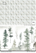 Packaging design with watercolor pine forest pattern and text on a white background