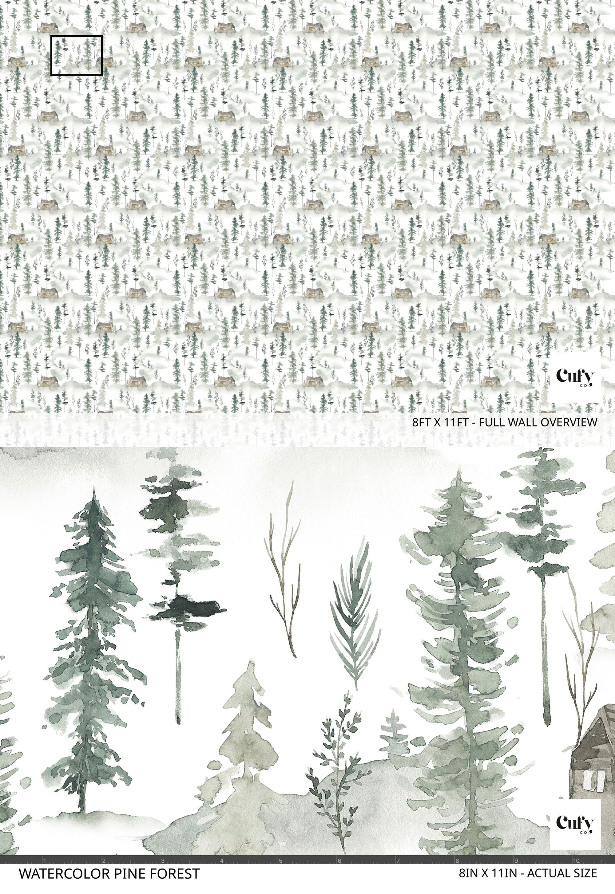 Packaging design with watercolor pine forest pattern and text on a white background