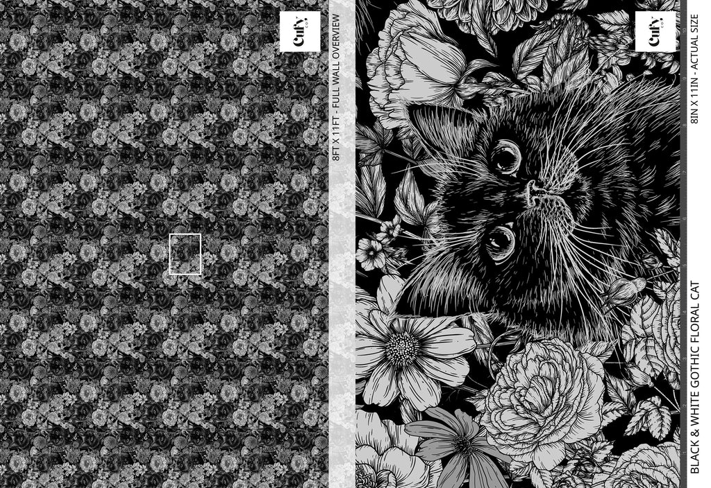 Black & White Floral Cat Wallpaper