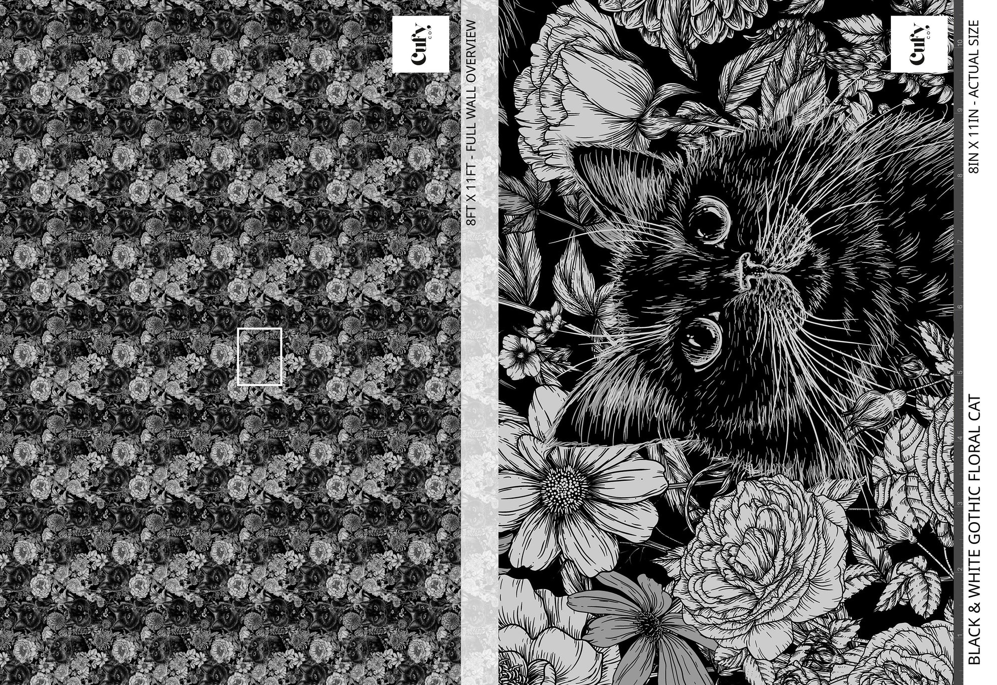 Black & White Floral Cat Wallpaper