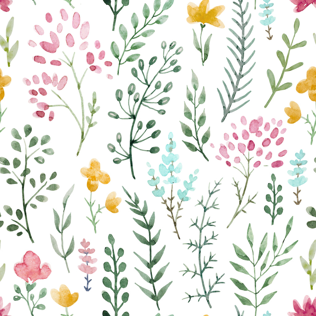 watercolor wildflowers wallpaper, premium peel & stick, sample 12 inchesx12 inches, pink; floral; blue, wallpaper decor