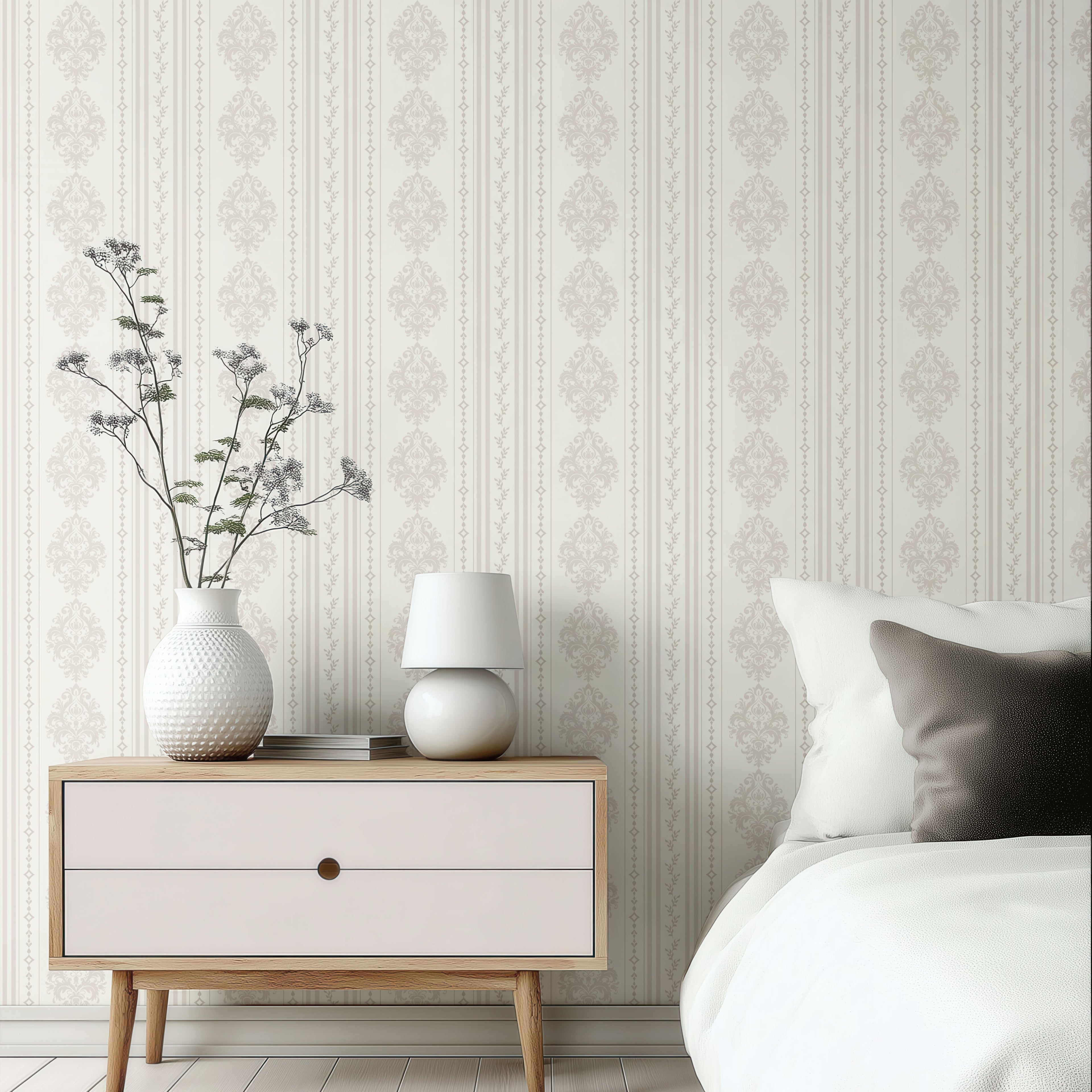 Beige Damask Wallpaper
