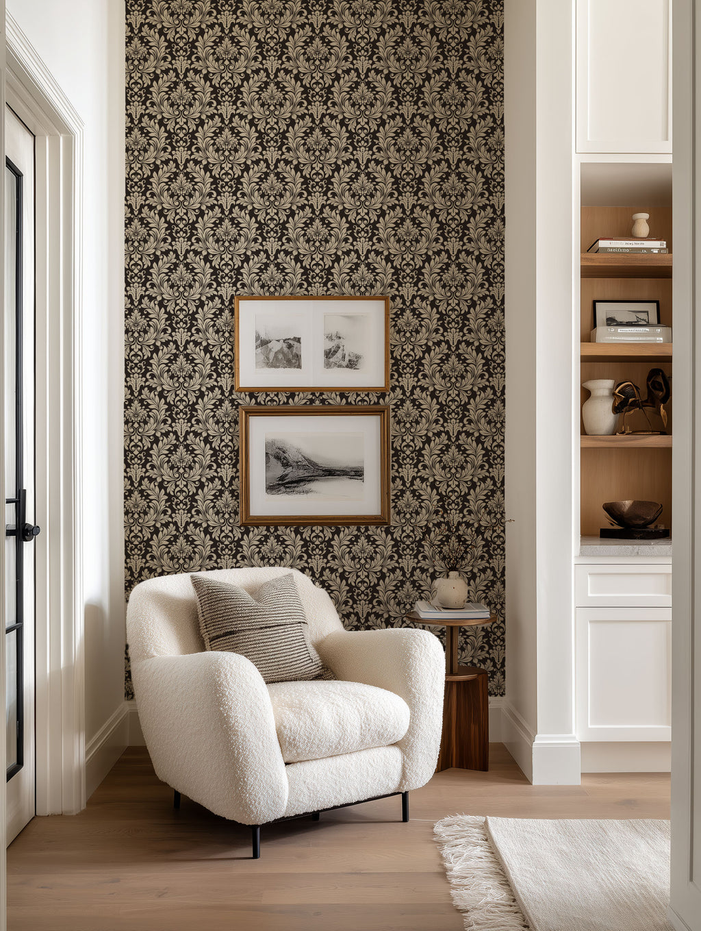 Black and Beige Damask Wallpaper