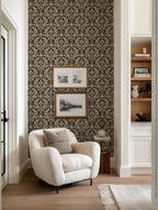 Black and Beige Damask Wallpaper