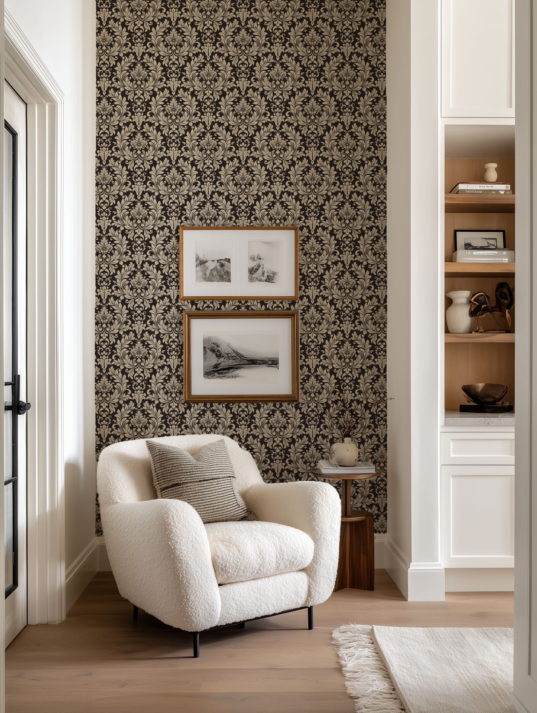 Black and Beige Damask Wallpaper