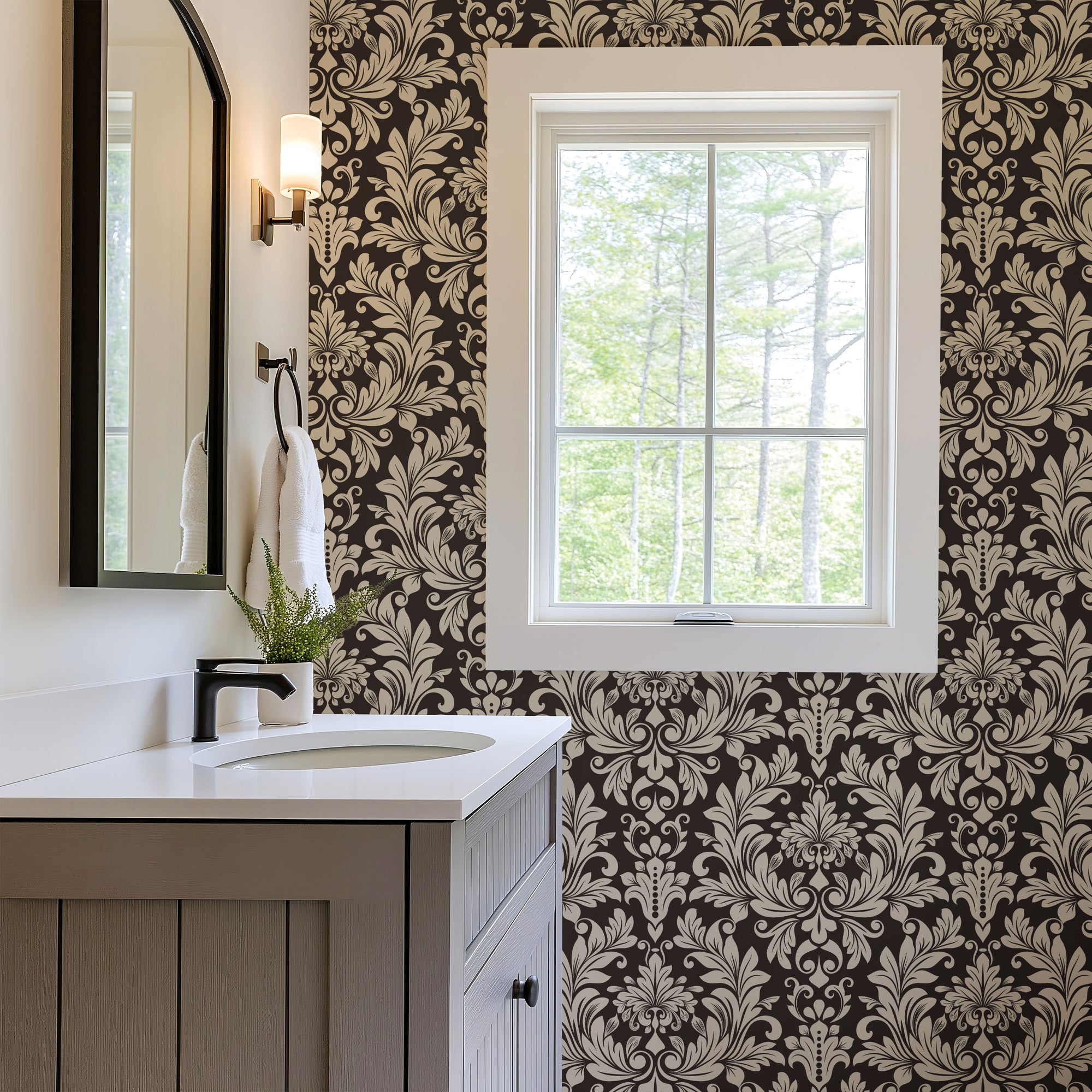 Black and Beige Damask Wallpaper