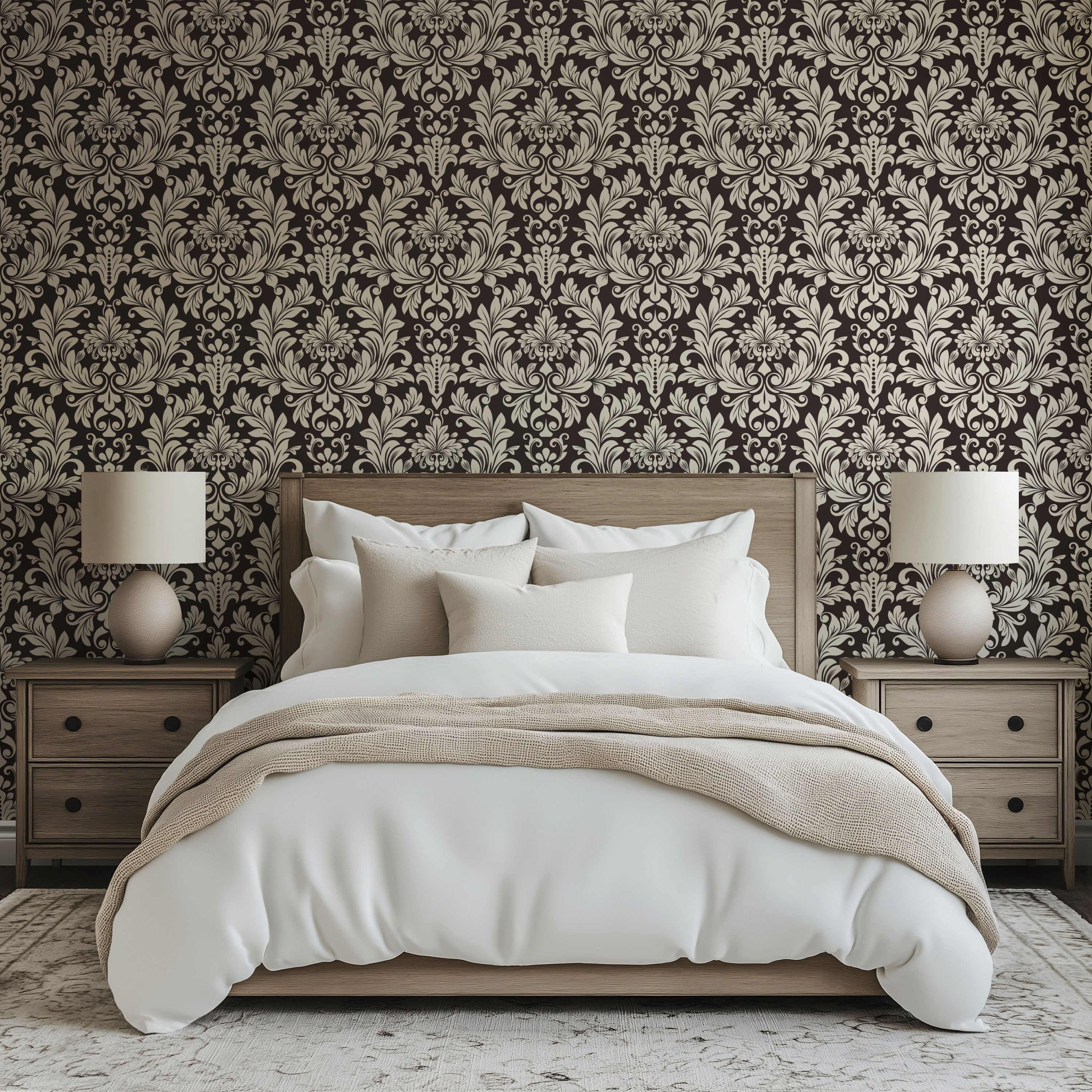 Black and Beige Damask Wallpaper