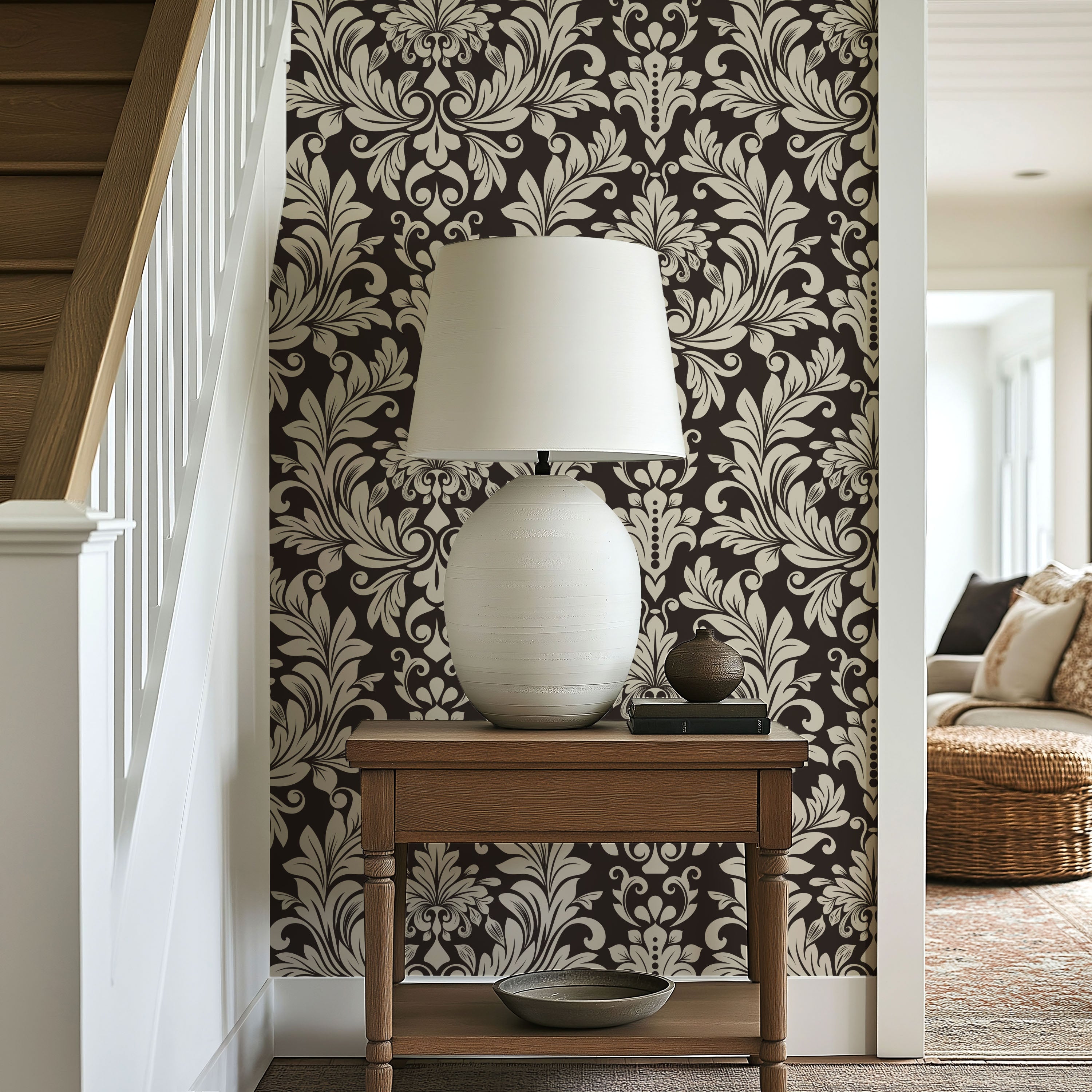 Black and Beige Damask Wallpaper