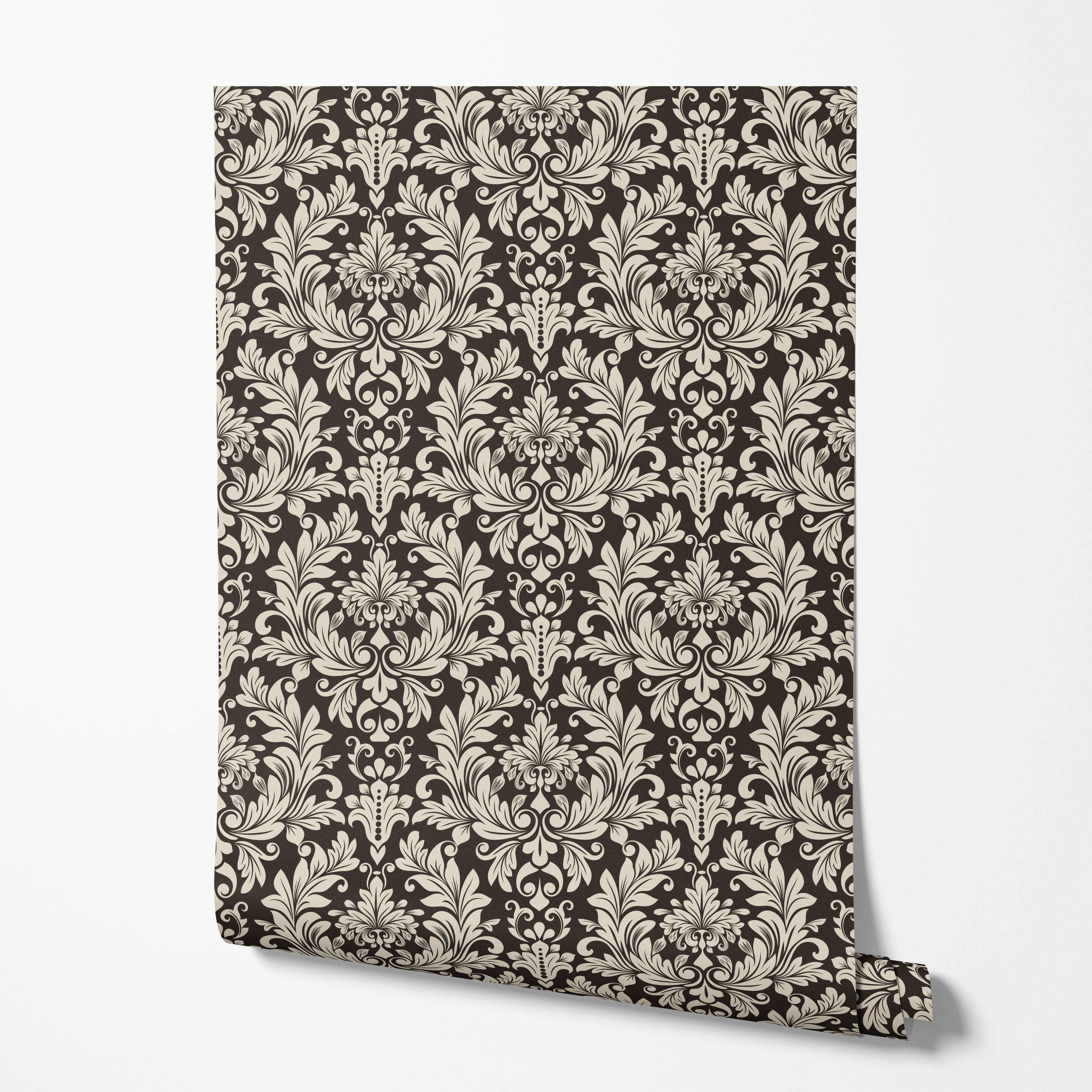Black and Beige Damask Wallpaper