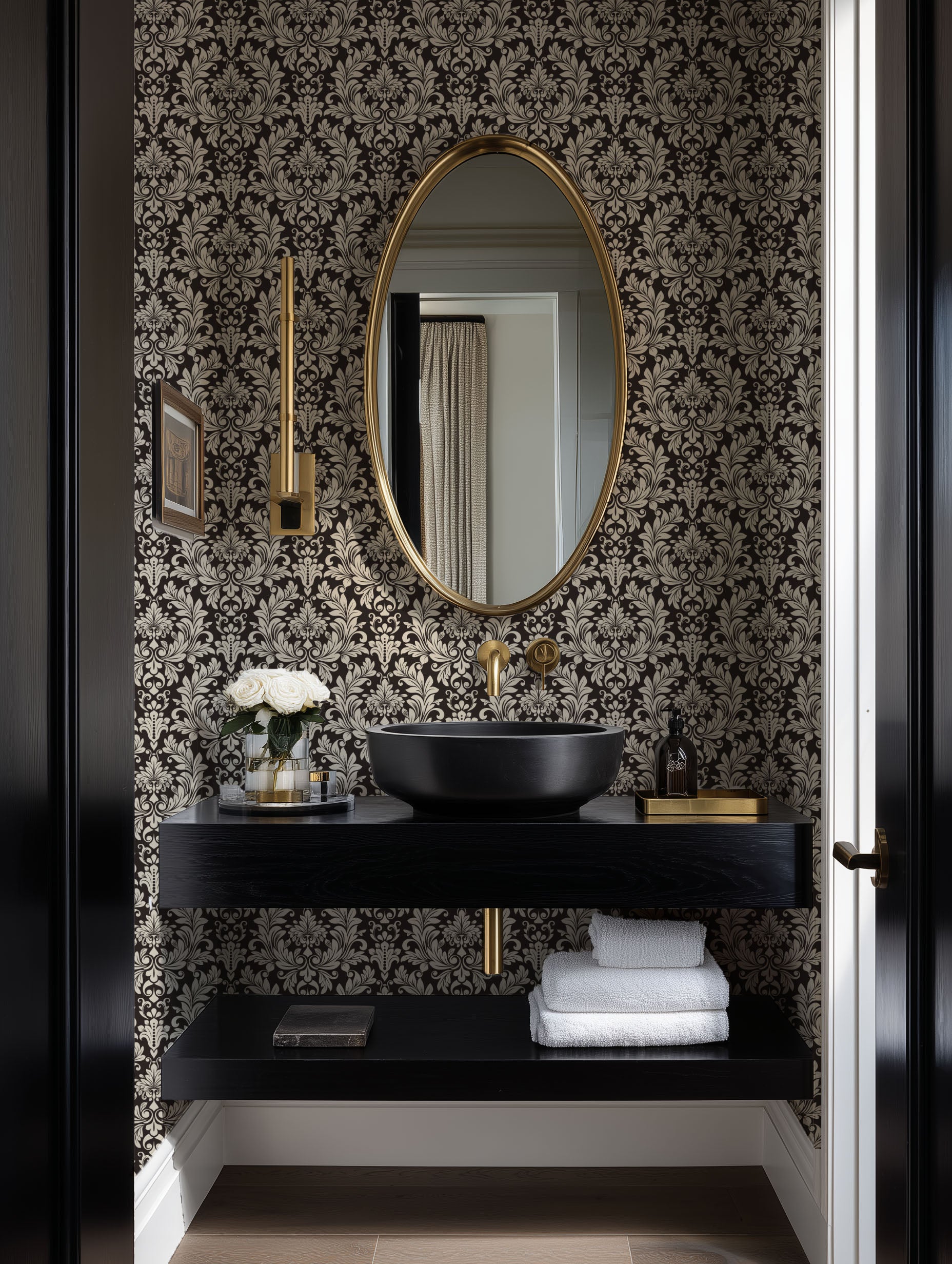 Black and Beige Damask Wallpaper
