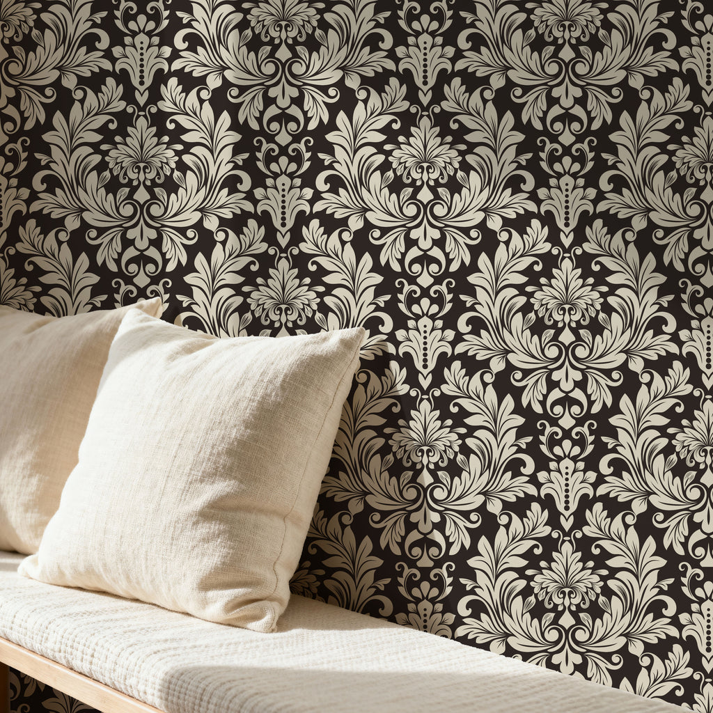 Black and Beige Damask Wallpaper