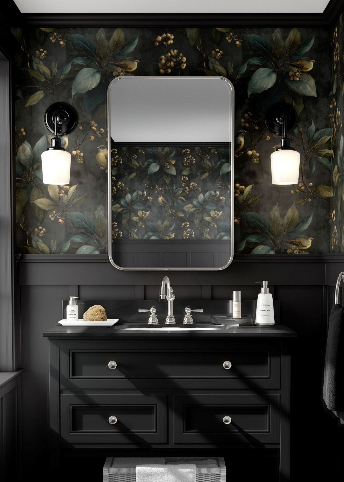 Modern bathroom with black vanity, floral wallpaper, and decorative elements.