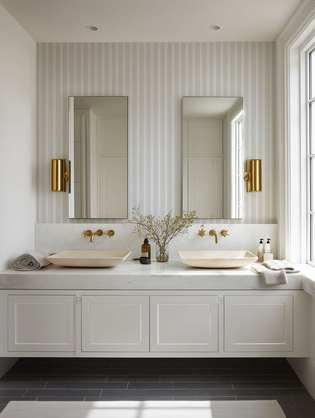 Bathroom with double sink vanity, floral wallpaper, and decorative elements.