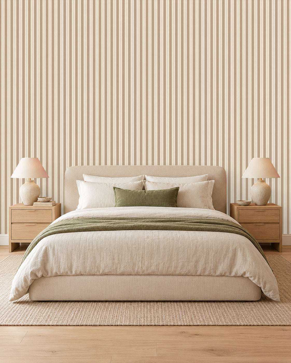 Sandstone Beige large-scale stripe wallpaper in bedroom