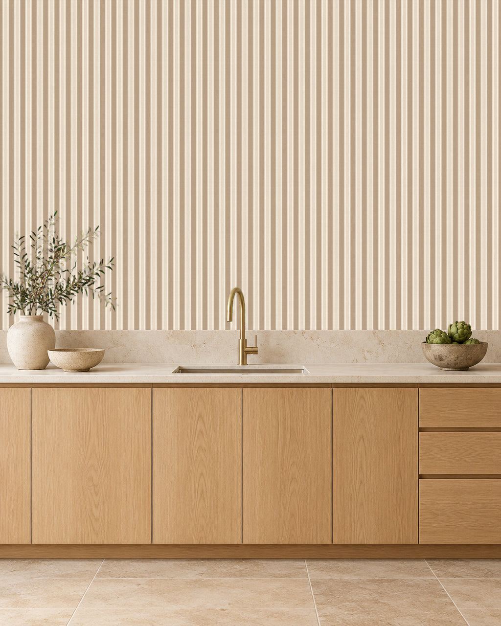 Sandstone Beige large-scale stripe wallpaper in kitchen