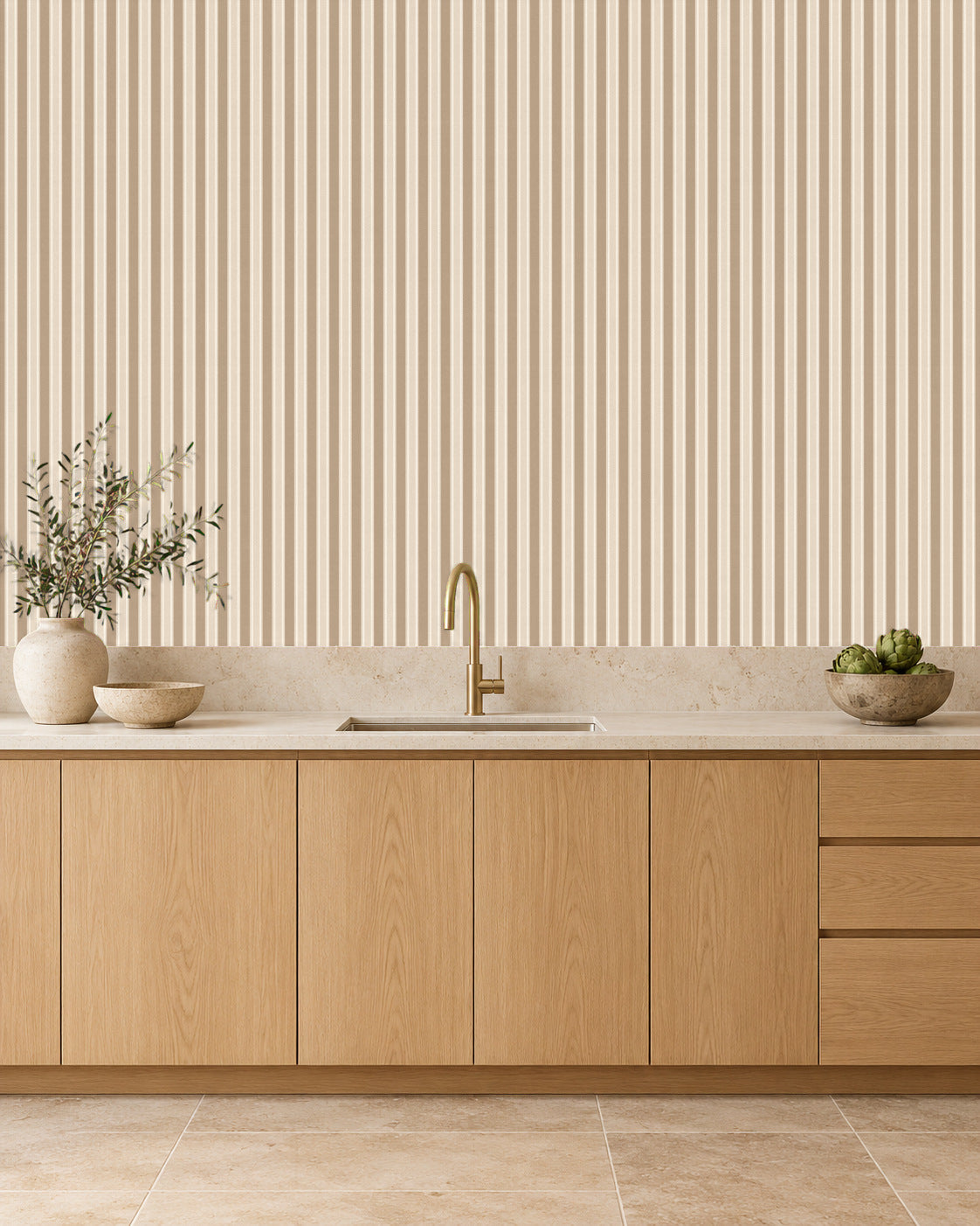 Sandstone Beige large-scale stripe wallpaper in kitchen