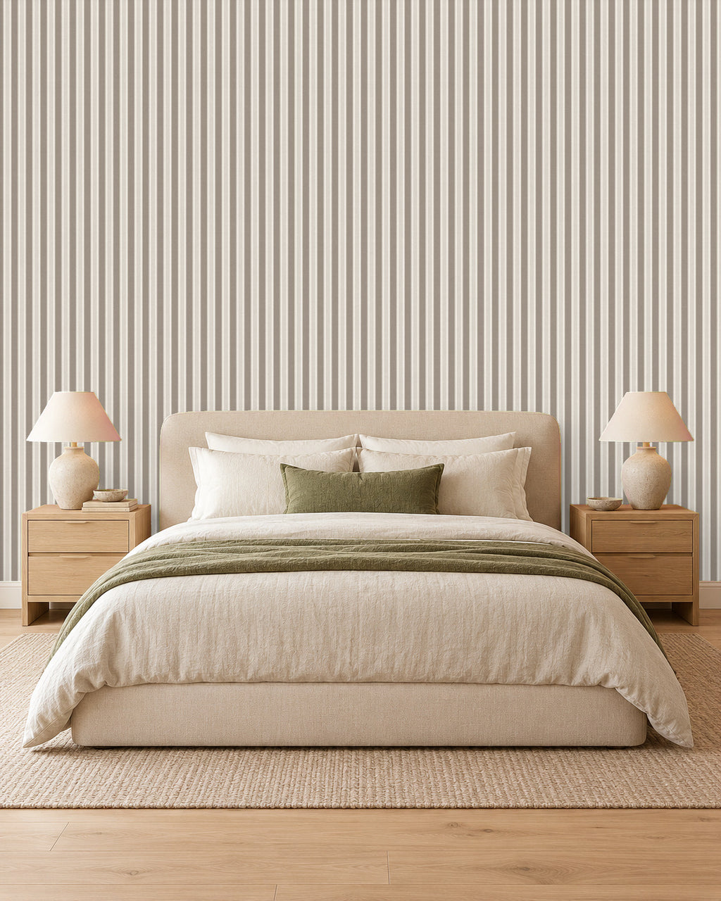 Mushroom Taupe large-scale stripe wallpaper in bedroom