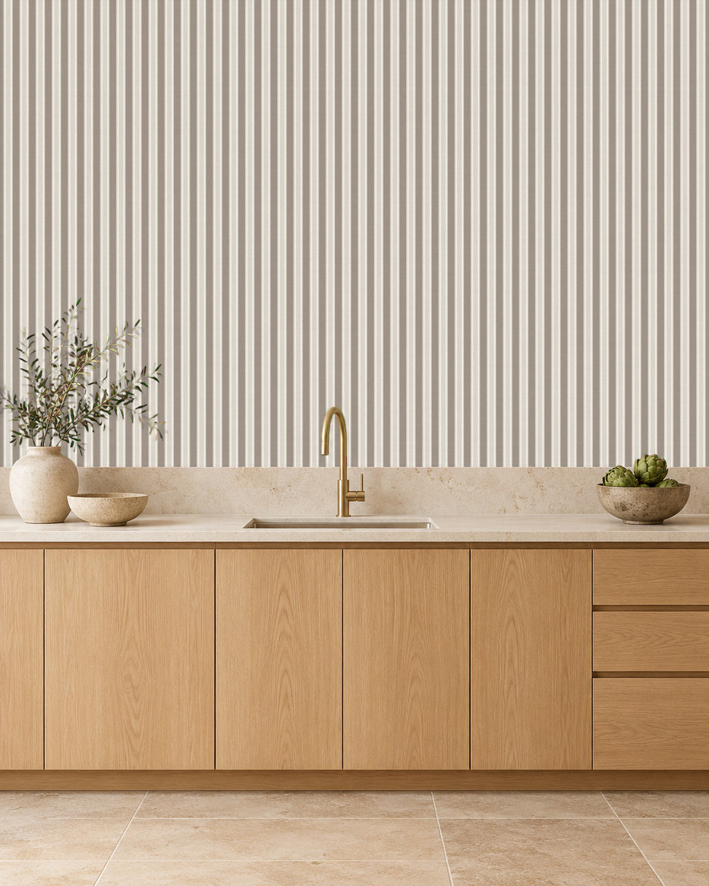 Mushroom Taupe large-scale stripe wallpaper in kitchen