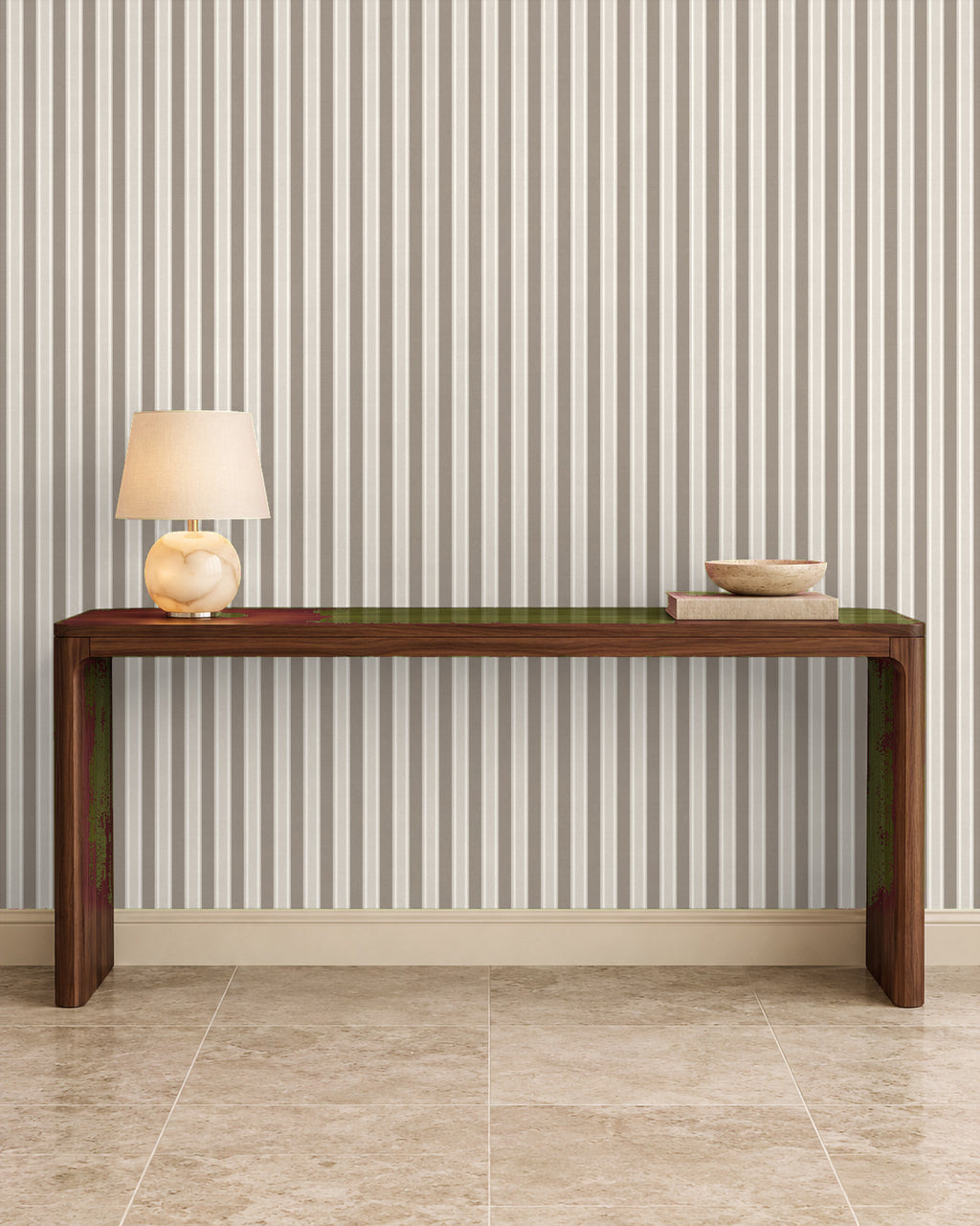 Mushroom Taupe large-scale stripe wallpaper in entryway
