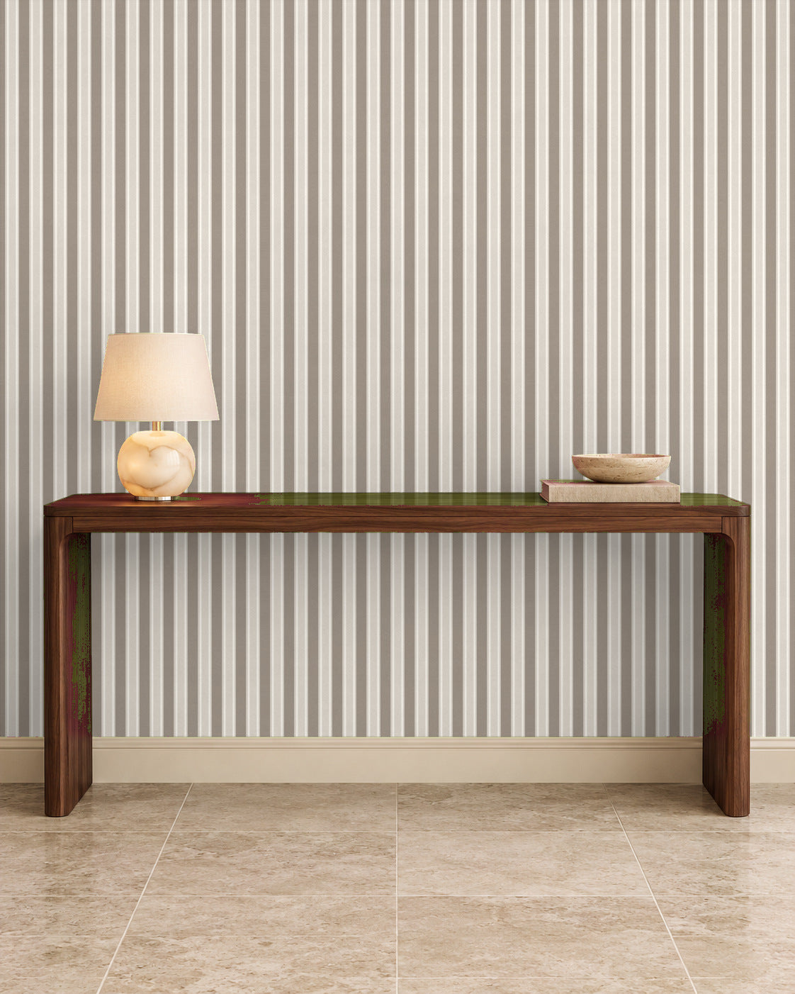 Mushroom Taupe large-scale stripe wallpaper in entryway