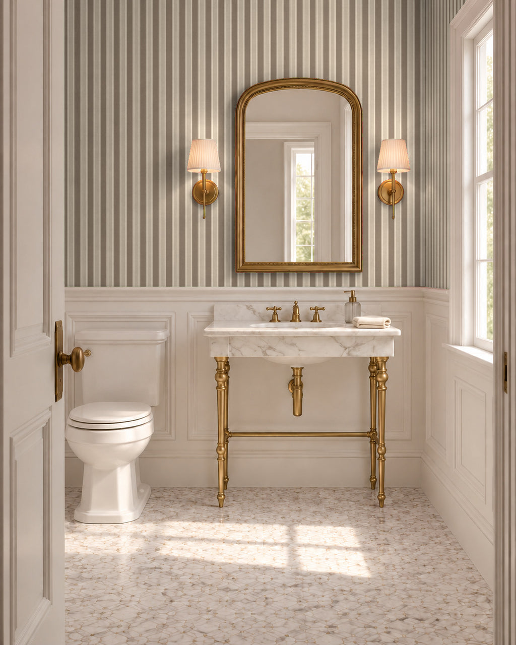 Mushroom Taupe large-scale stripe wallpaper in bathroom