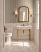 Mushroom Taupe large-scale stripe wallpaper in bathroom