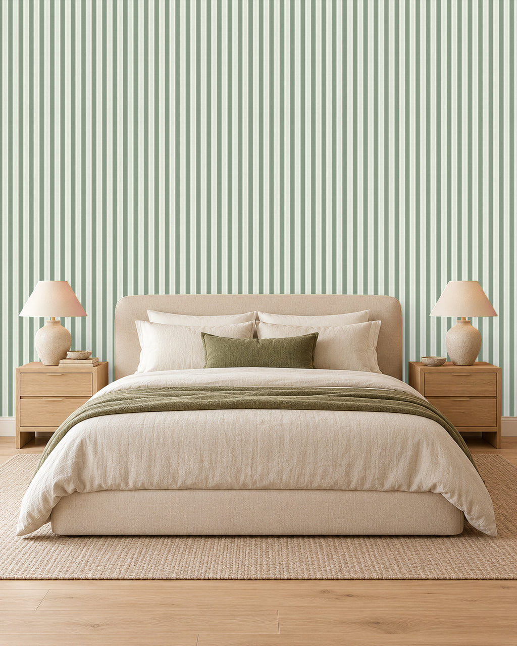 Soft Sage large-scale stripe wallpaper in bedroom