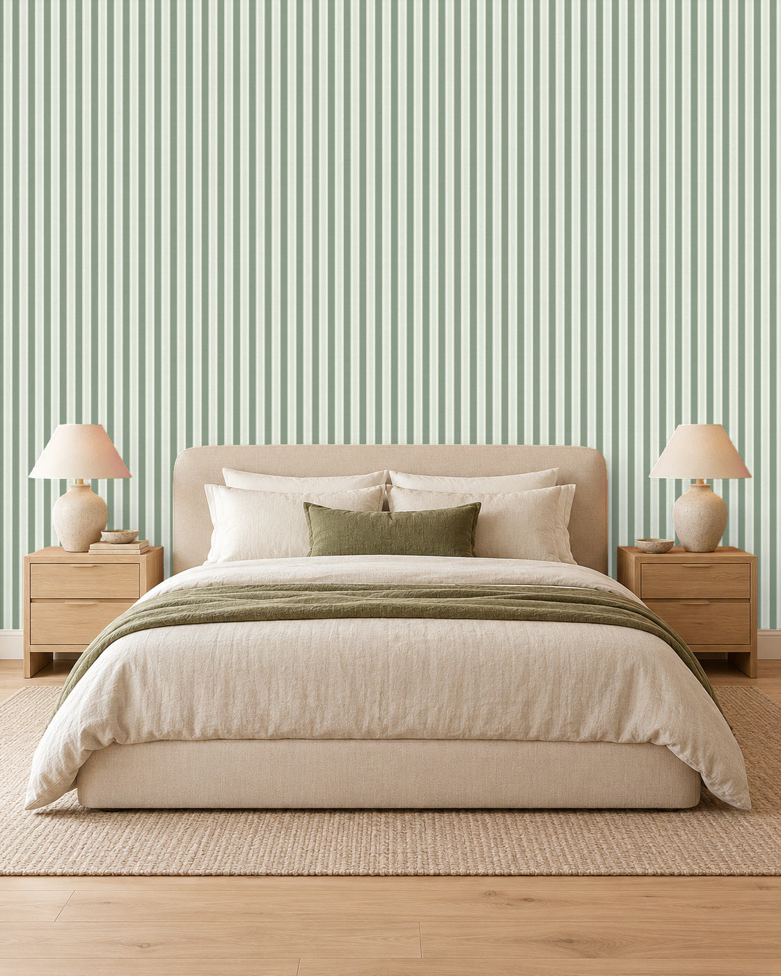 Soft Sage large-scale stripe wallpaper in bedroom