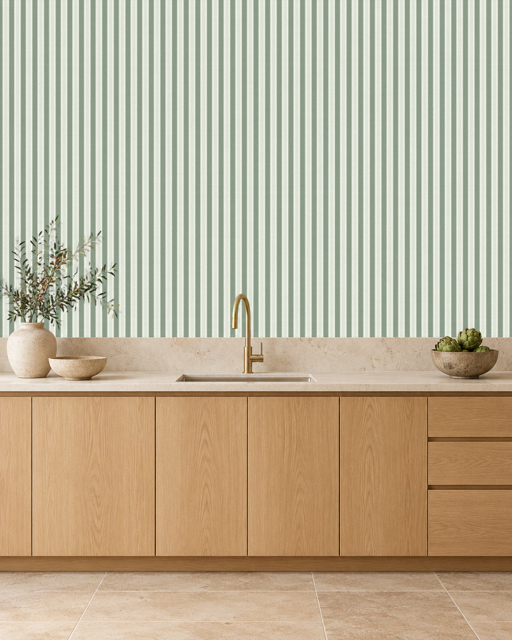 Soft Sage large-scale stripe wallpaper in kitchen
