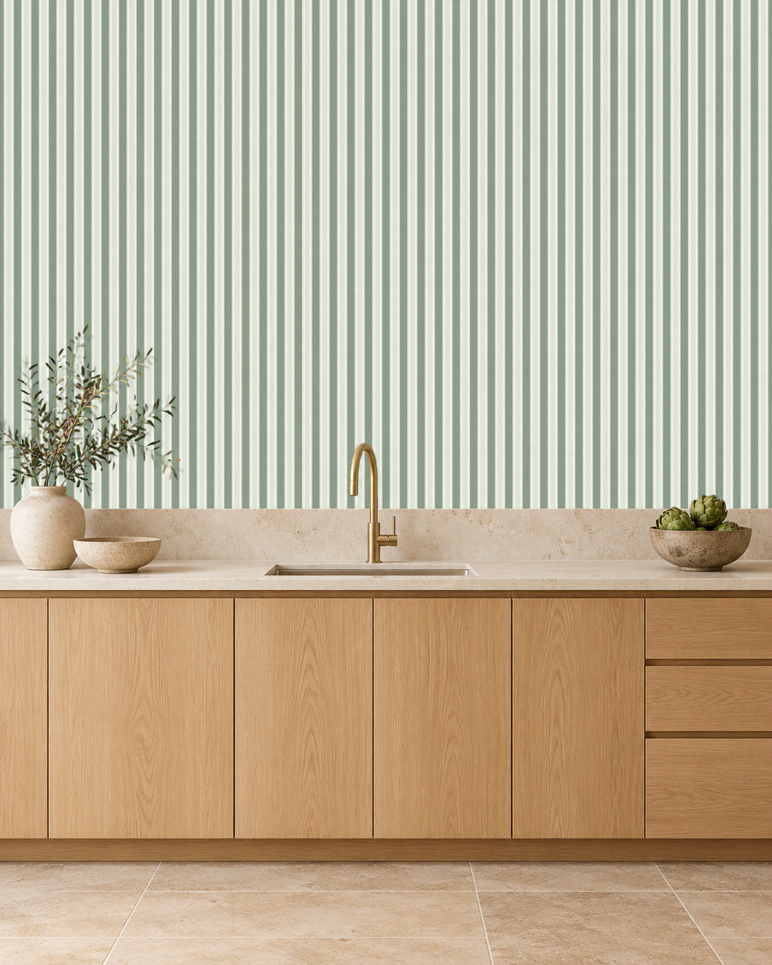 Soft Sage large-scale stripe wallpaper in kitchen