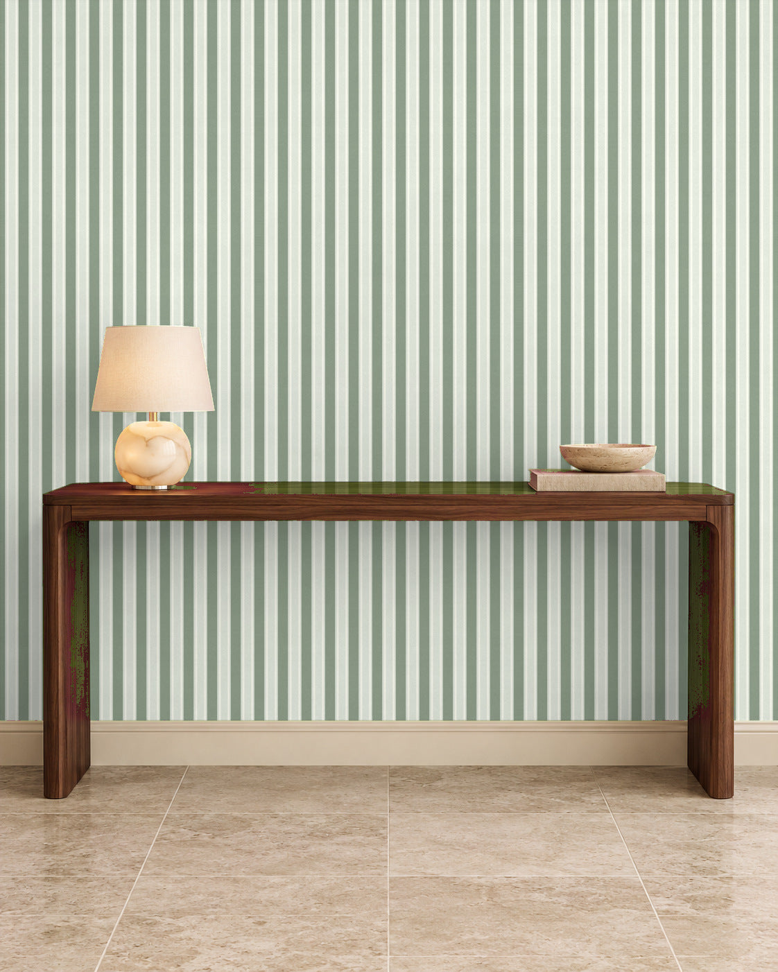 Soft Sage large-scale stripe wallpaper in entryway