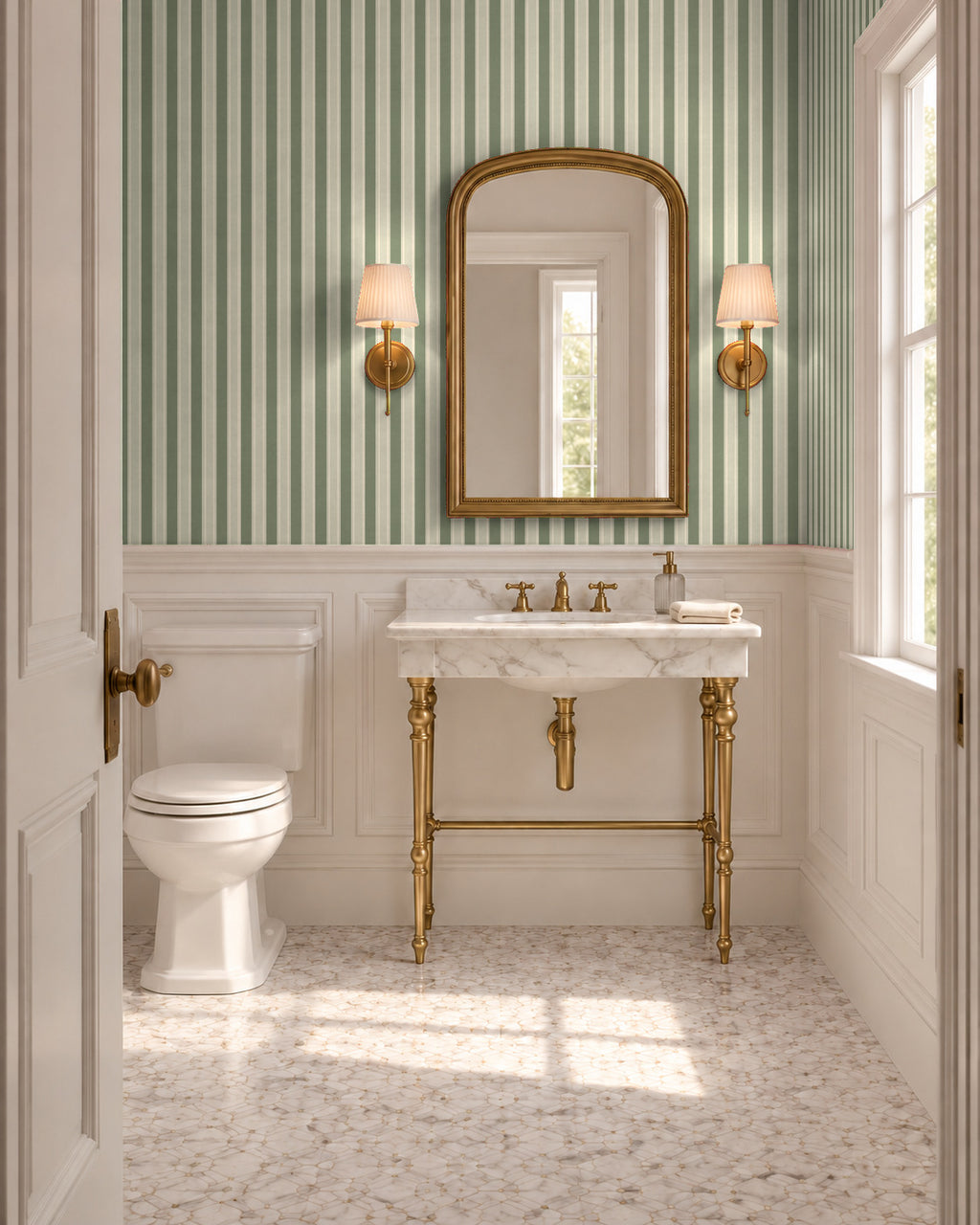 Soft Sage large-scale stripe wallpaper in bathroom