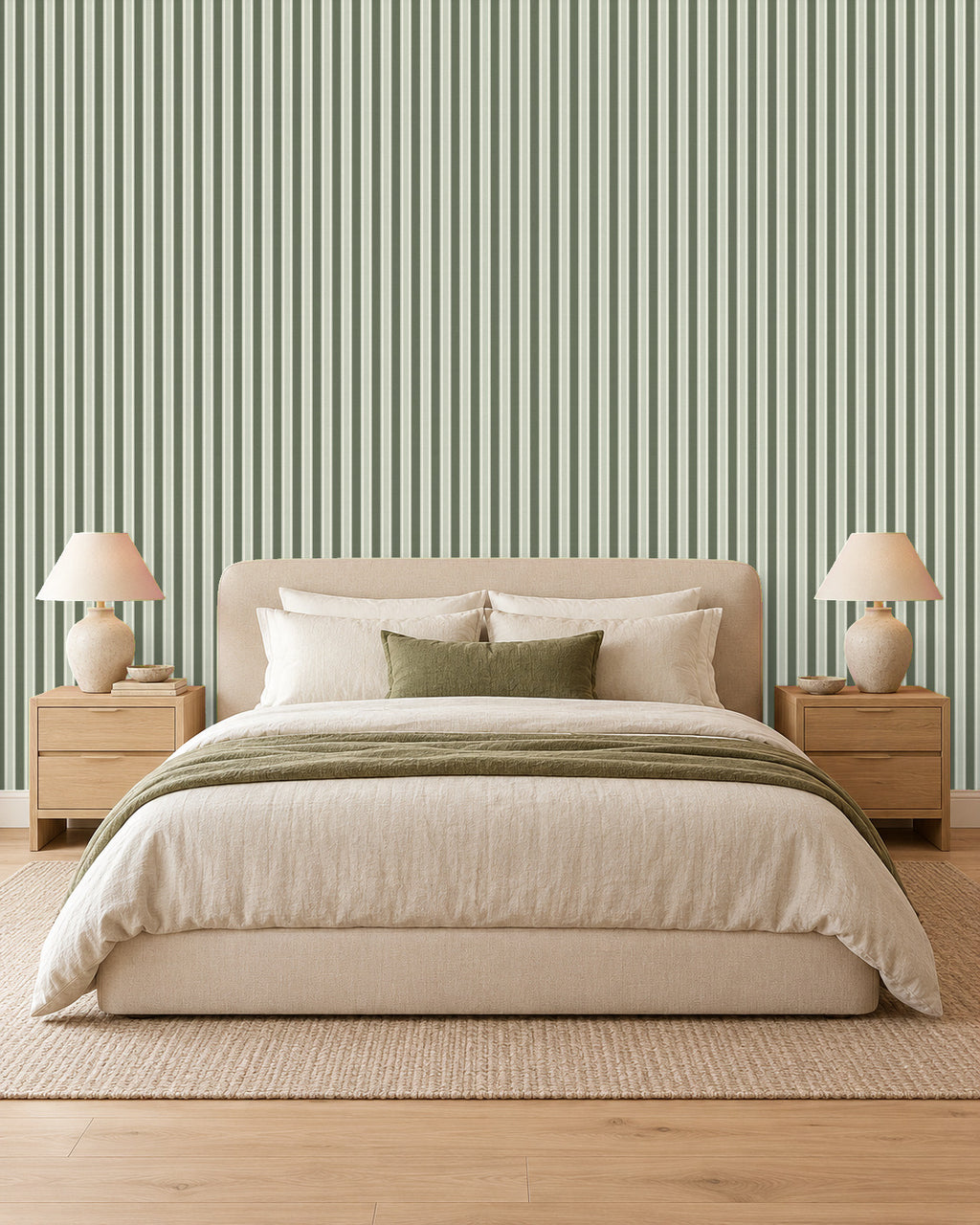 Smoked Olive large-scale stripe wallpaper in bedroom