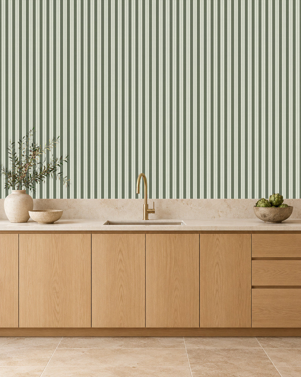 Smoked Olive large-scale stripe wallpaper in kitchen