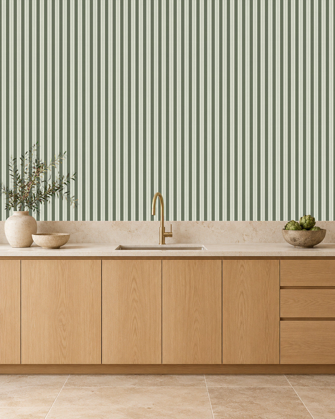 Smoked Olive large-scale stripe wallpaper in kitchen
