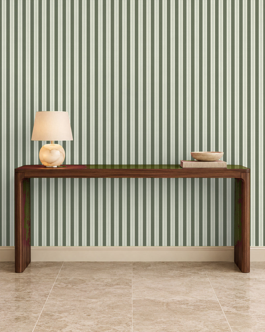 Smoked Olive large-scale stripe wallpaper in entryway