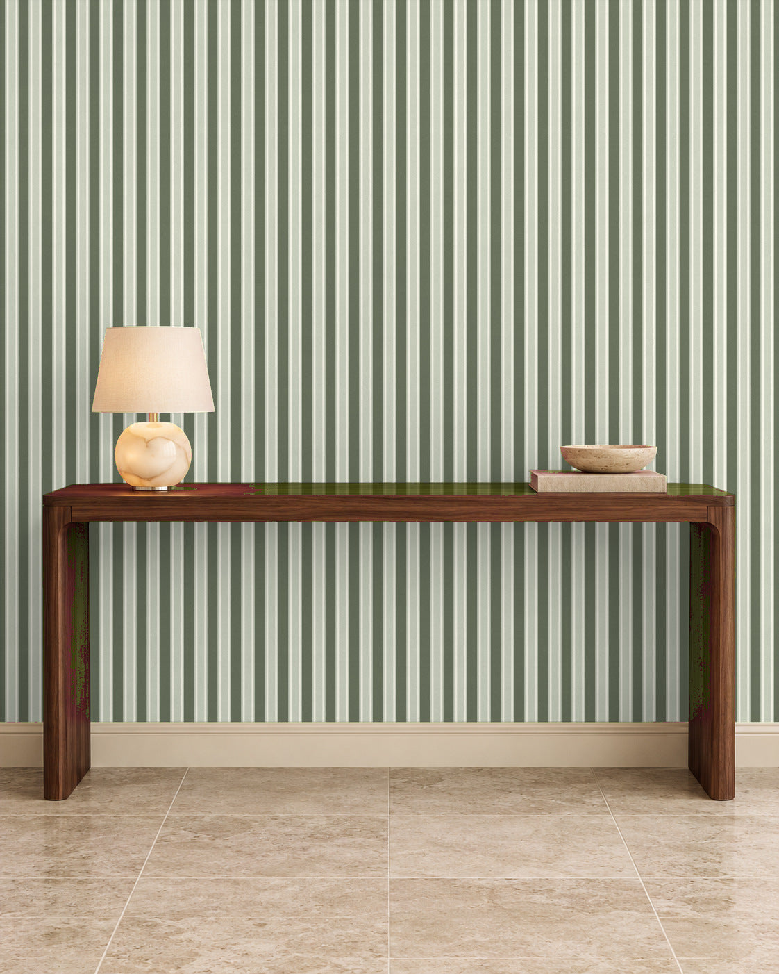 Smoked Olive large-scale stripe wallpaper in entryway