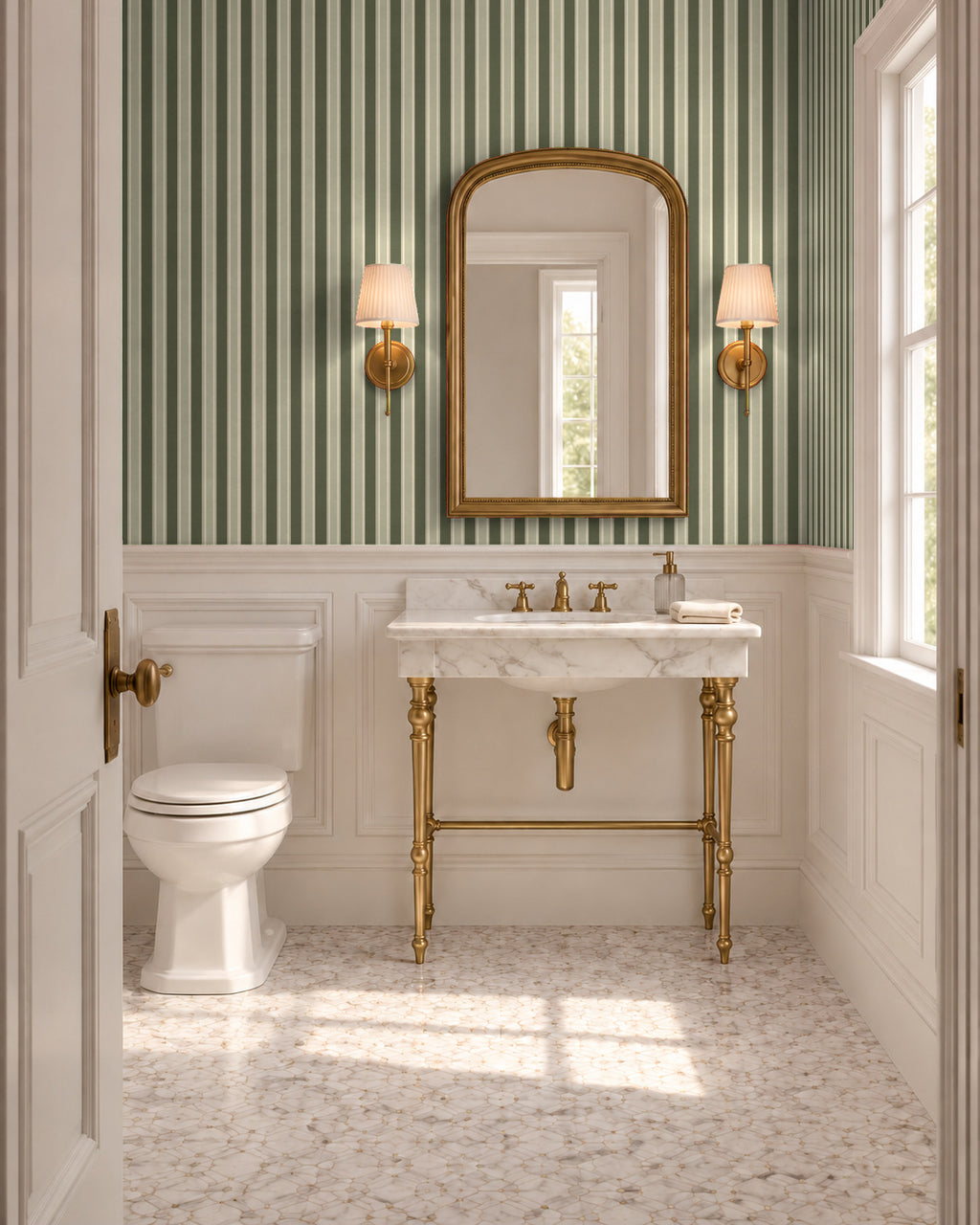 Smoked Olive large-scale stripe wallpaper in bathroom