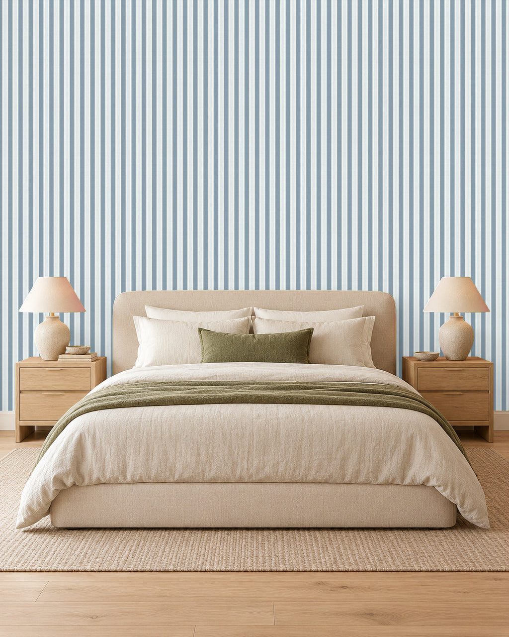 Mist Blue large-scale stripe wallpaper in bedroom