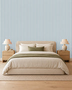 Mist Blue large-scale stripe wallpaper in bedroom
